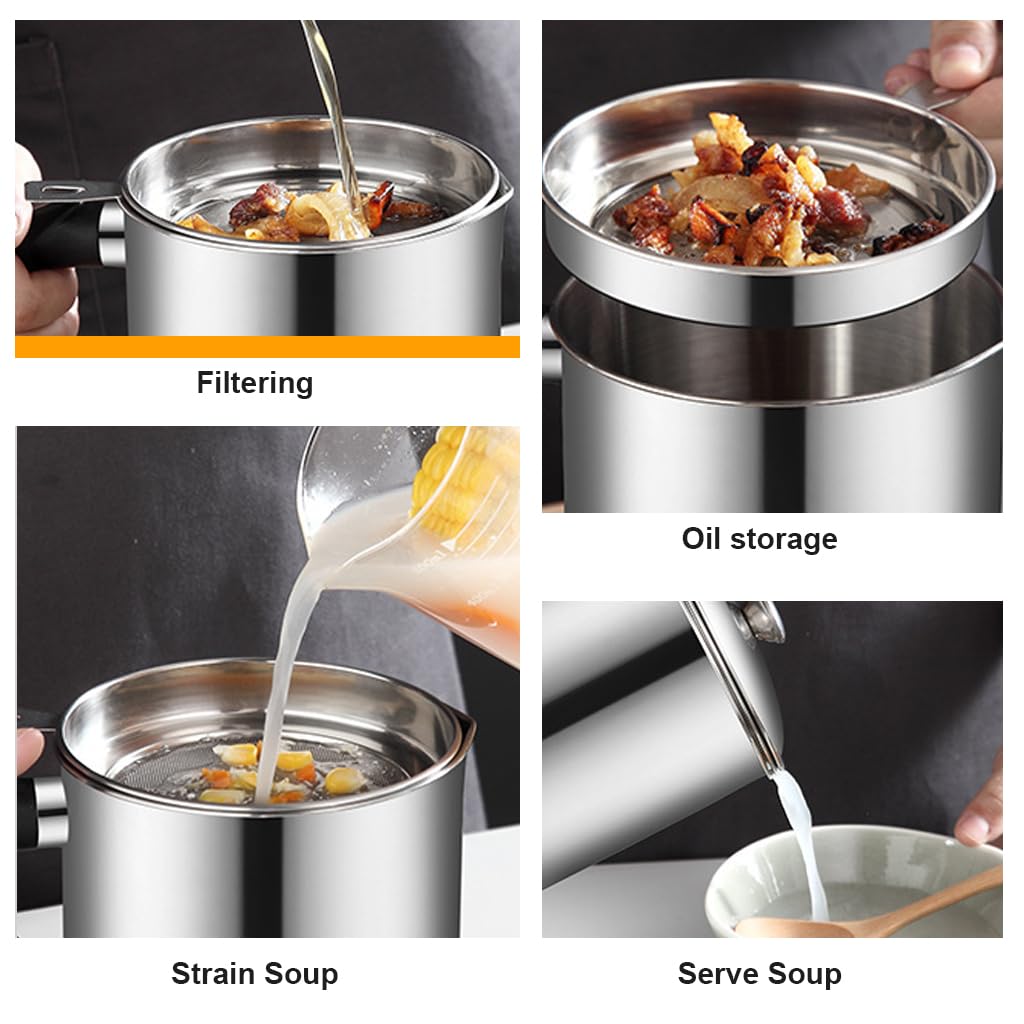 Supvox Kitchen Oil Container for Grease Storage featuring 48oz Capacity and Sieve Lid | 304 Stainless Steel with Handle
