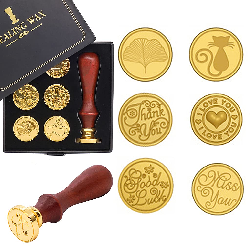 HASTHIP Wax Seal Stamp Set for Invitations and Gifts with 7 Copper Seals & Wooden Hilt | 2.5 cm Stamp Diameter
