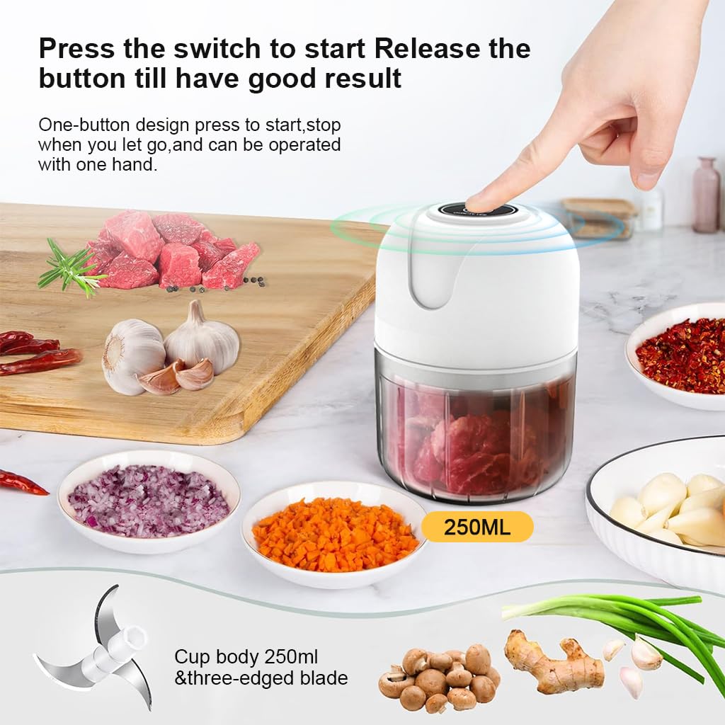 Supvox® Chopper for Kitchen Electric, Rechargeable Garlic Chopper, Cordless Mini Food Processor, 250ml Portable Food Chopper with Detachable Stainless Steel Blade for Garlic, Ginger, Onion, Meat