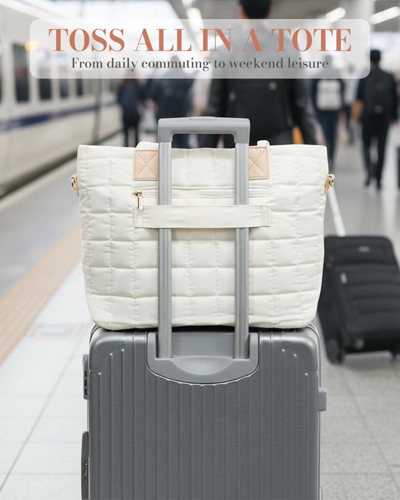 PALAY Tote Bag for Women with 15.6 in Laptop Compartment featuring Removable Strap | White Quilted Style