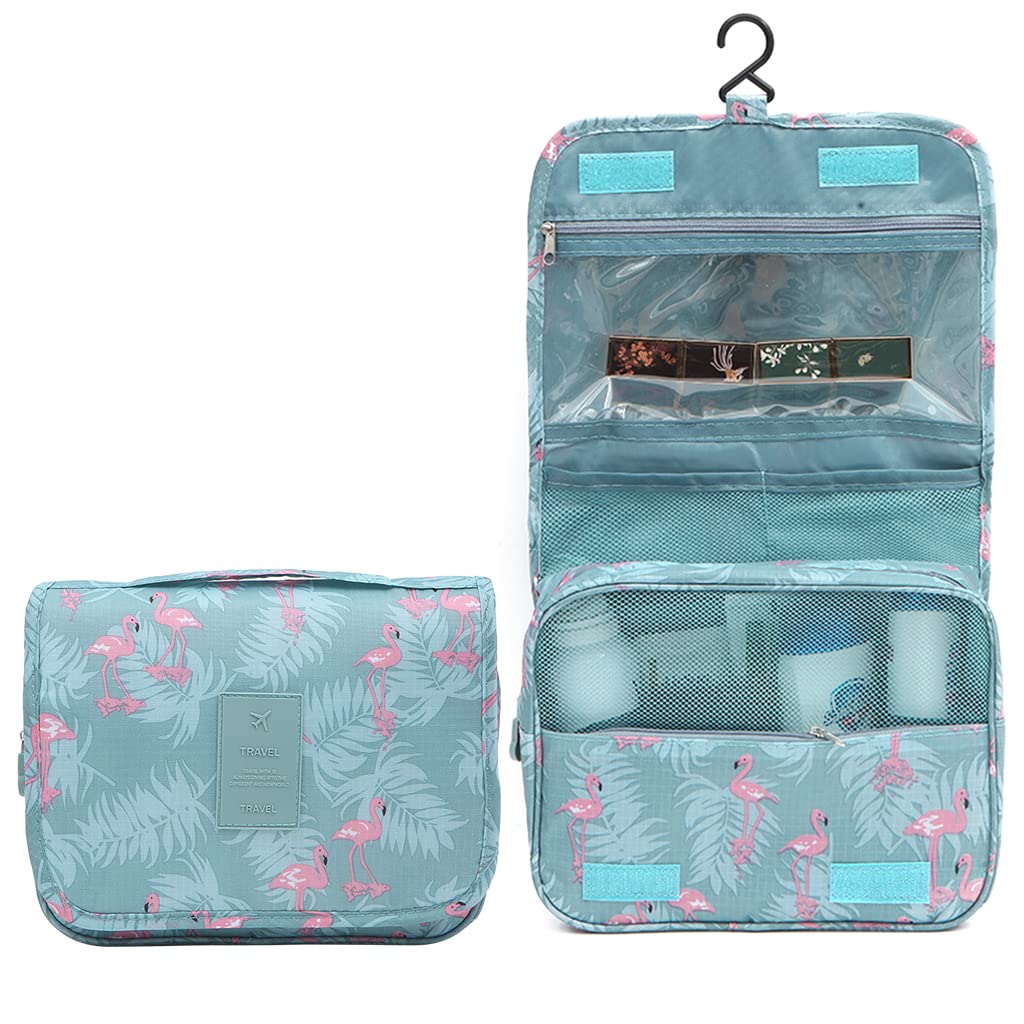 ZIBUYU Travel Cosmetic Pouch Hangable Cosmetic Organizer for Women Makeup Bag Printed Cosmetic Box Girls Cosmetic Pouch for Toiletries, Cosmetics, Skin Care Product, Makeup Brushes-Blue Flamingo