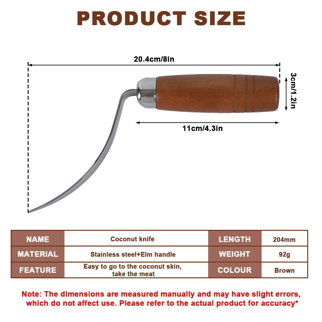HASTHIP Coconut Pulp Scraper Tool for Easy Pulp Removal with Curved Blade and Wooden Handle