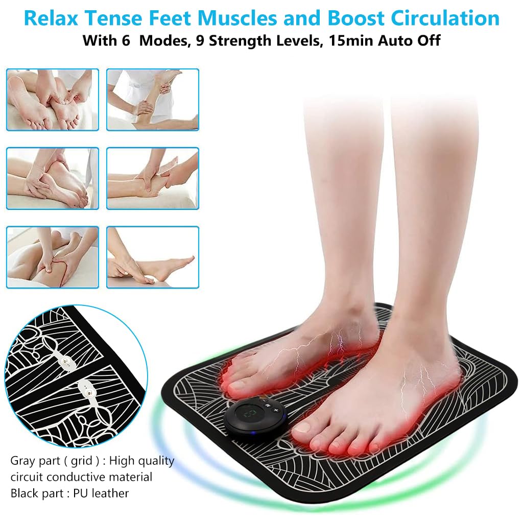 HANNEA® Electric Foot Sole Massager Pad, EMS Foot Sole Massager Pad, Feet Massage Pad Relieve Feet Pain, Rechargeable Foot Sole Massager Pad with 6 Modes, 9 Strength Levels, 15min Auto Off