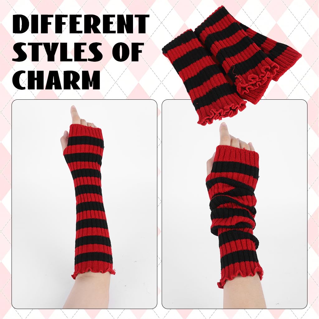 SANNIDHI Arm Warmers for Women with Thumb Hole featuring Red Black Striped Knit | Y2K Style and Warmth