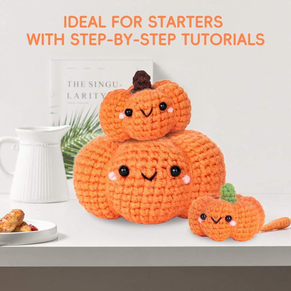 PATPAT DIY Crochet Material Kit for 3 Pumpkin Ornaments with Step-by-Step Tutorial | Kids Craft Set