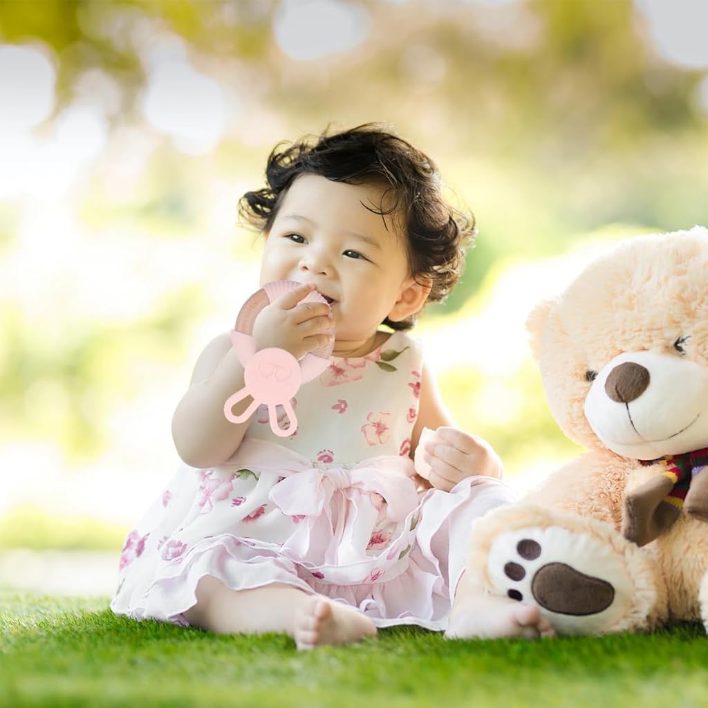 SNOWIE SOFT 5 Pcs Baby Girls Shower Gift Box Set New Born Baby Gifts Pink Bunny Baby Teether Pacifer Chain Clip Beaded Chain Soothing Toy Pink Bow Headband Food Grade Silicone Baby Teether