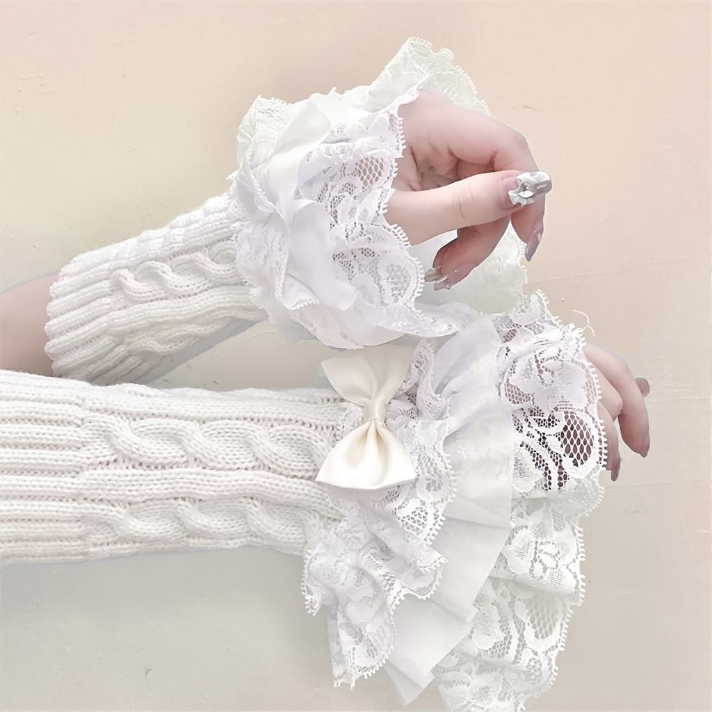 SANNIDHI Lolita Gloves Arm Warmers featuring Lace Trim and Cute Bow Design for Women Girls