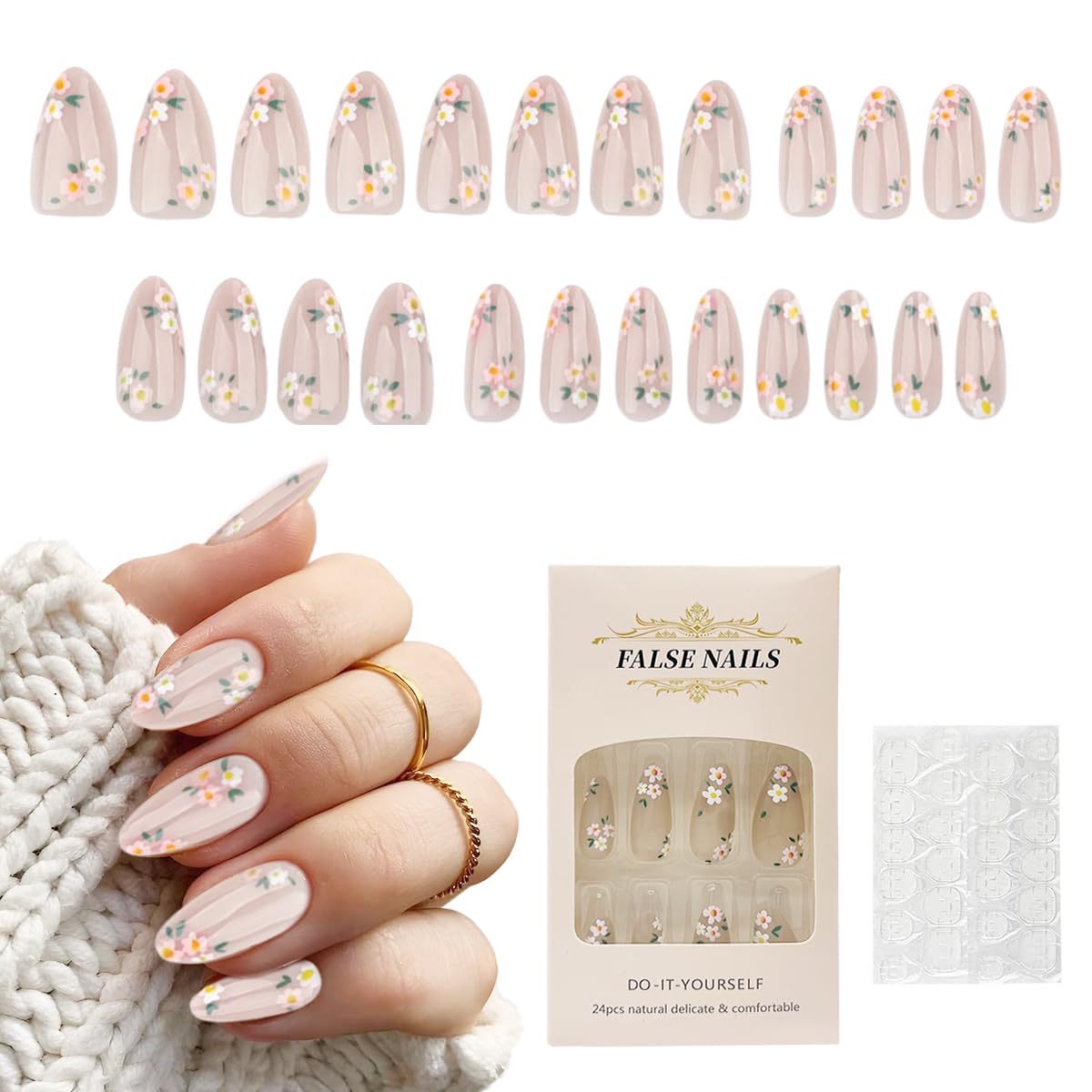 MAYCREATE Press On Nail Set for Everyday Wear with 24Pcs Almond Sizes and Adhesive Tabs | Pink Floral Resin Design