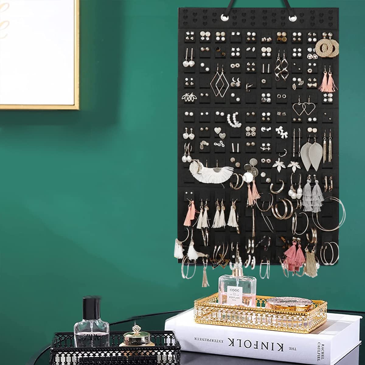 HASTHIP Wall Hanging Earring Organizer Box for Women with 150 Felt Pieces and 300 Pair Capacity | Black Jewelry Display for Earrings Necklaces and Rings