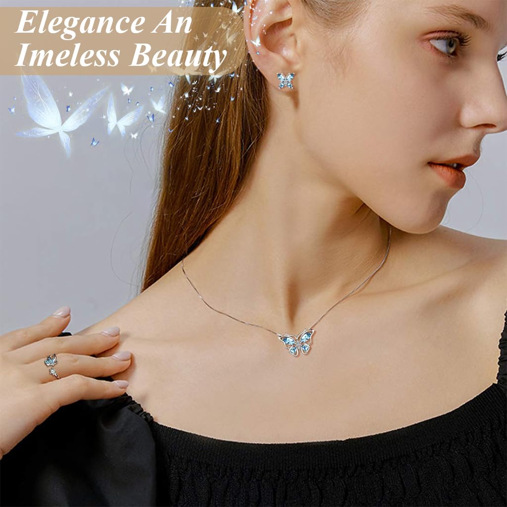 SANNIDHI Jewellery Set featuring 4 Pcs Crystal Butterfly Necklace Ring and Earrings for Women Girls | Blue Gift Collection