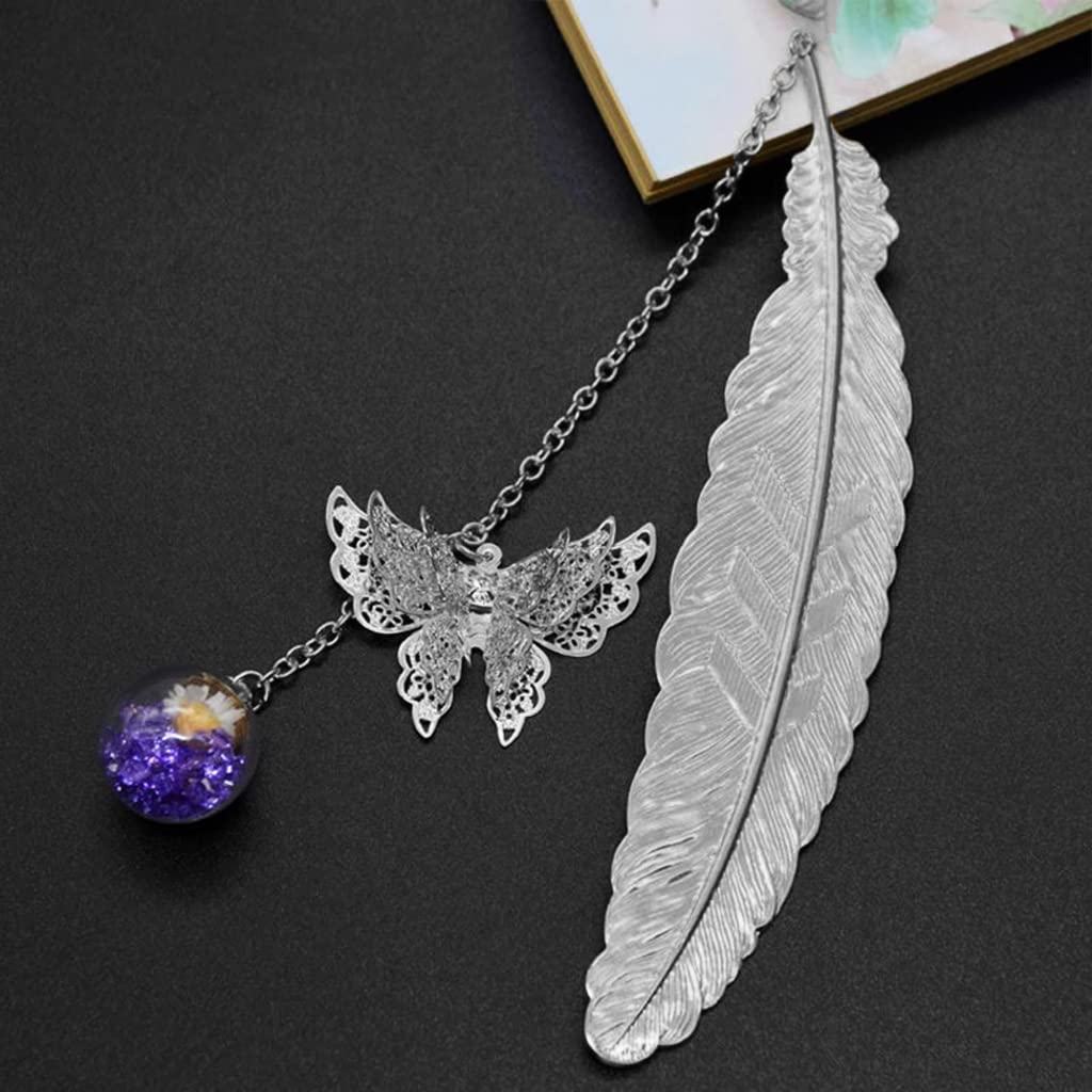 HASTHIP® Metal Feather Bookmark with Glass Beads Pendant, Vintage Feather Butterfly Bookmark for Reading Enthusiasts and Gifting, Bookmark Gift for Teachers Women (Silver Bookmark, Purple Flower)