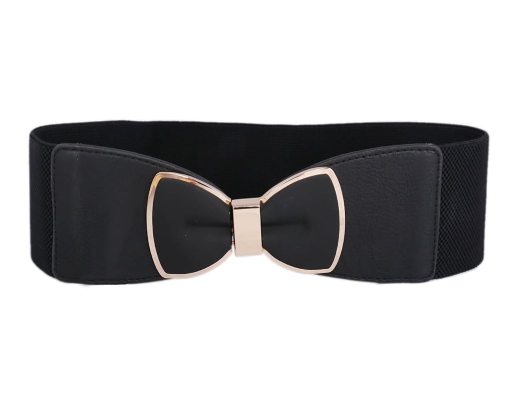 ZIBUYU® Wide Elastic Belt for Women Bowknot Faux Leather Waist Belts with Gold Tone & Diamond, Stretch 65-85cm, 6cm Width, Black, Snap Closure, Perfect for Dresses, Jeans, Office & Casual Wear