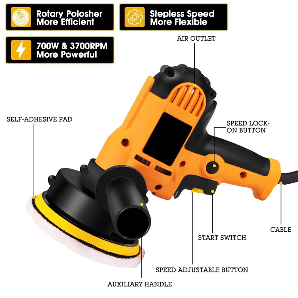 125mm Electric Car Polisher Machine for Car and Home Use with 700w Motor and Variable Speed | Includes 5 Sponge Pads and 2 Wool Pads