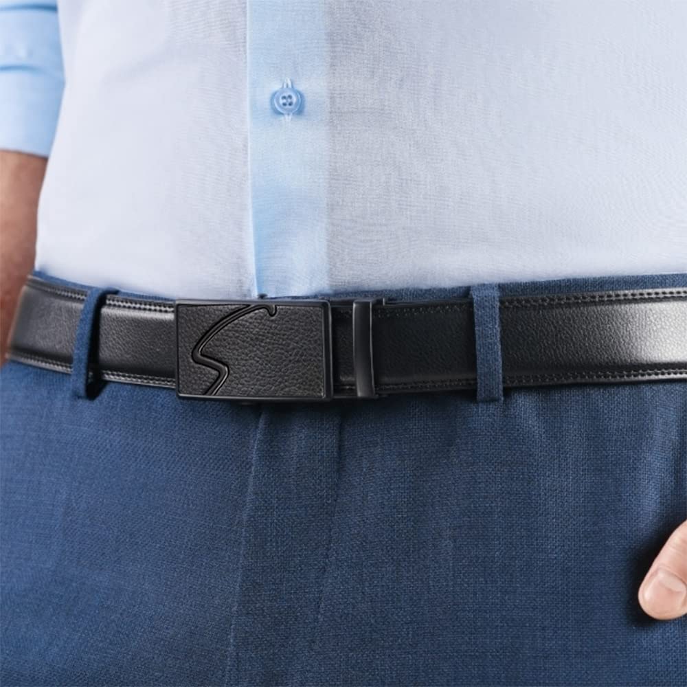 GUSTAVE Men's Belt for Business and Casual Wear featuring Automatic Button Buckle | PU Leather Black 120cm Adjustable