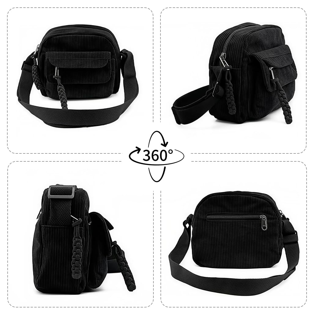 Zibuyu Small Corduroy Sling Bag for Women with 3 Zipper Pockets and Adjustable Strap | Black Compact Everyday Purse
