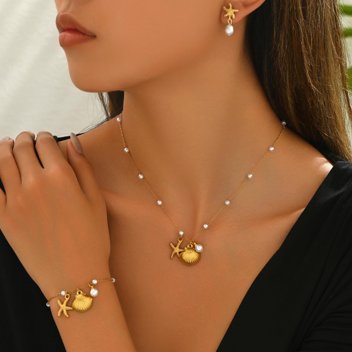SANNIDHI Necklace Set for Women featuring Starfish Shell and Pearl Charms | Adjustable Jewelry Gift Set