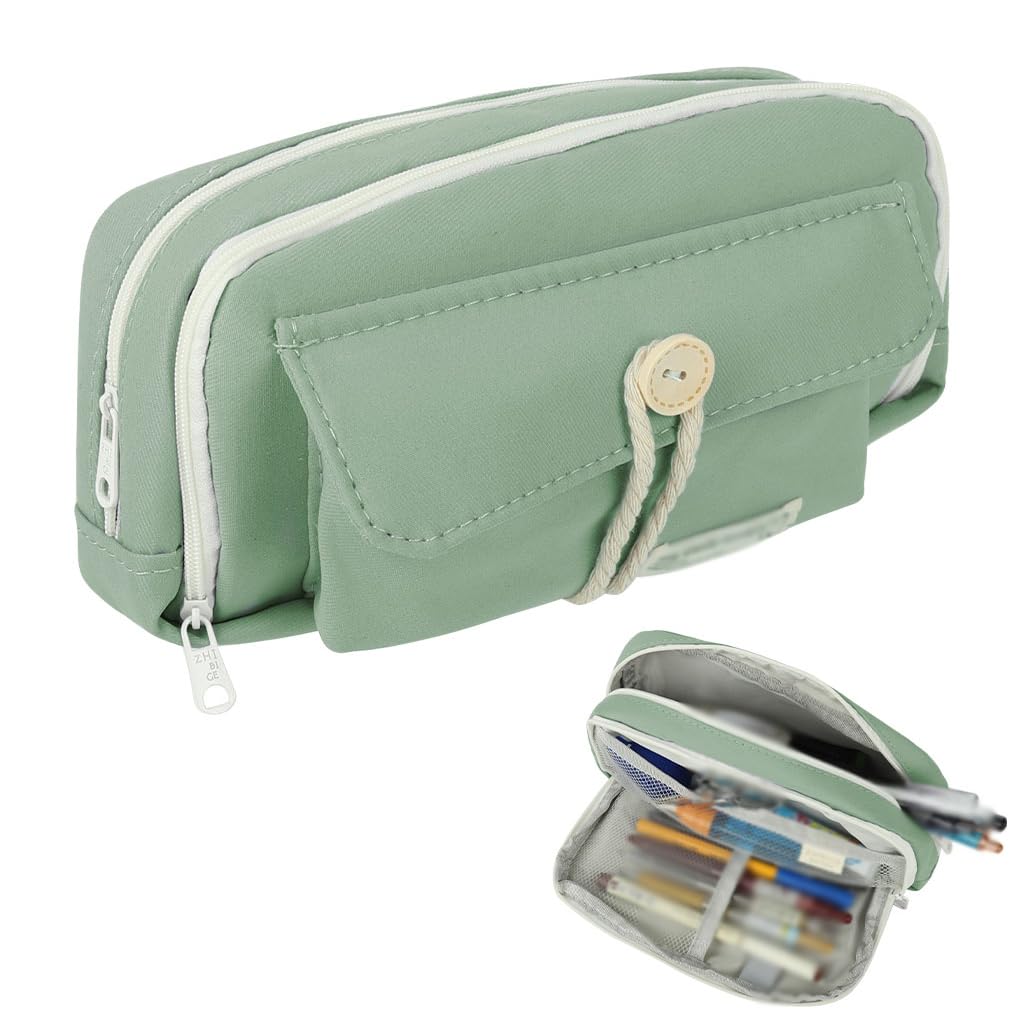 Zibuyu Pencil Pouch for School and Office with Double Layer Zip-Up Design | 21x11x7.5cm Green Canvas