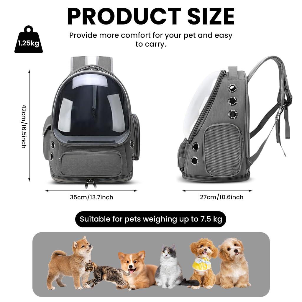 ZIBUYU Cat Carrier Backpack for Travel and Hiking featuring Bubble Window | Grey Ventilated Design