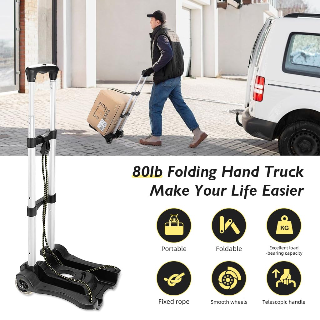 HASTHIP Folding Hand Truck for Travel and Office with 80lbs Capacity Aluminum Frame | Portable 2 Wheel Luggage Cart