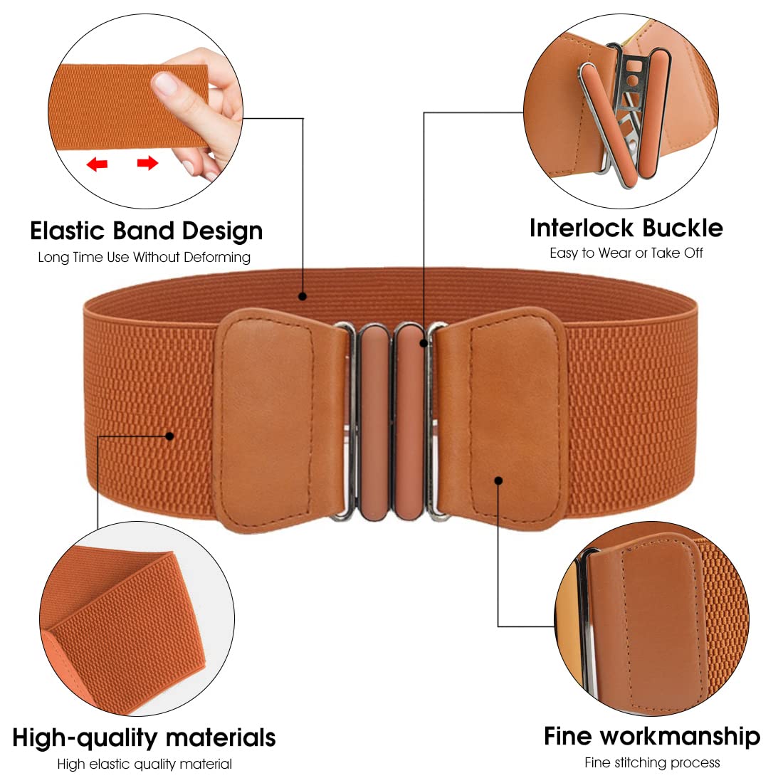 Zibuyu Wide Elastic Belt for Women featuring Metal Interlocking Buckle 23.6–31.4 in | Brown