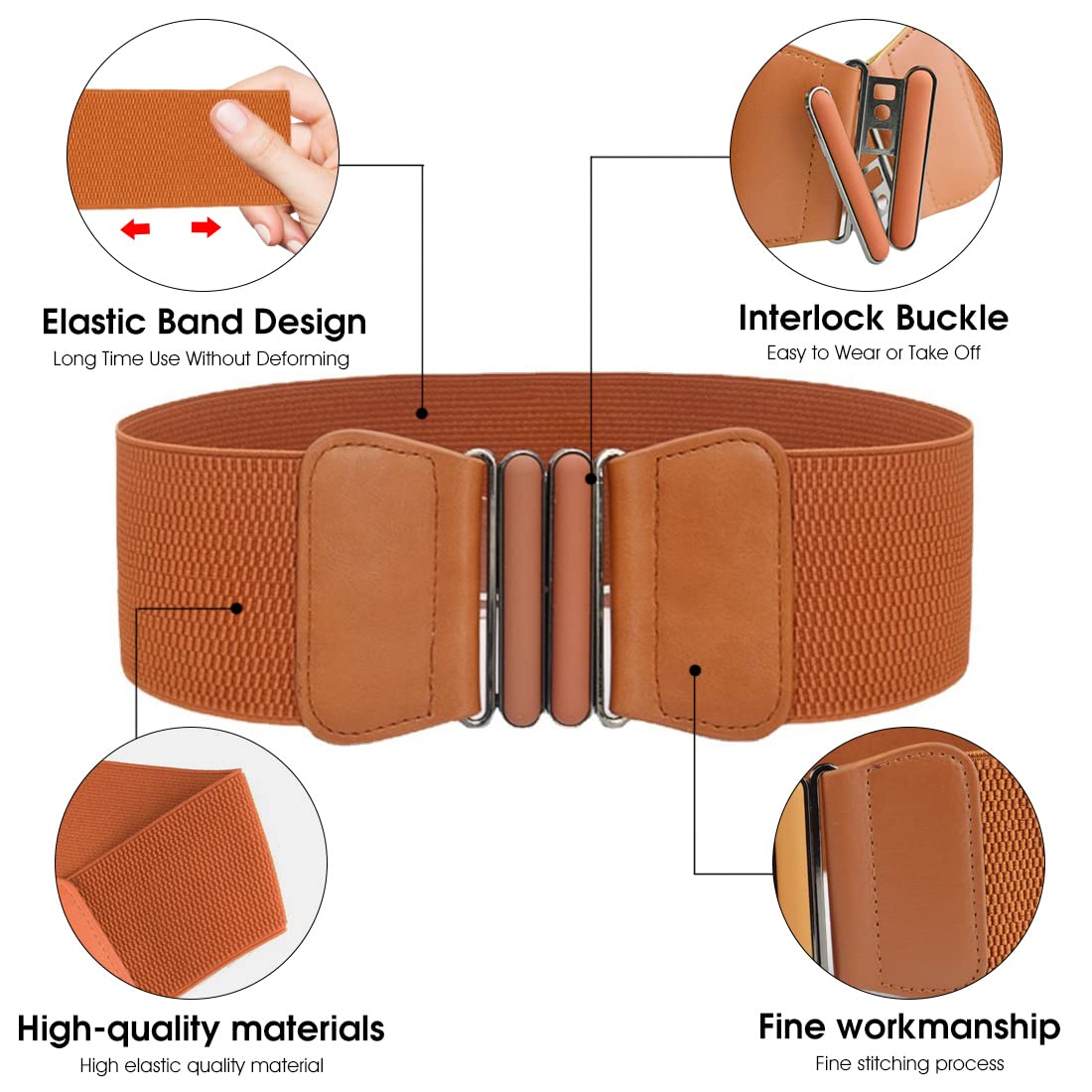 ZIBUYU® Wide Elastic Belt for Women with Metal Interlocking Buckle, Belt for Jumpsuit Blouse Blazer Dress (Brown)