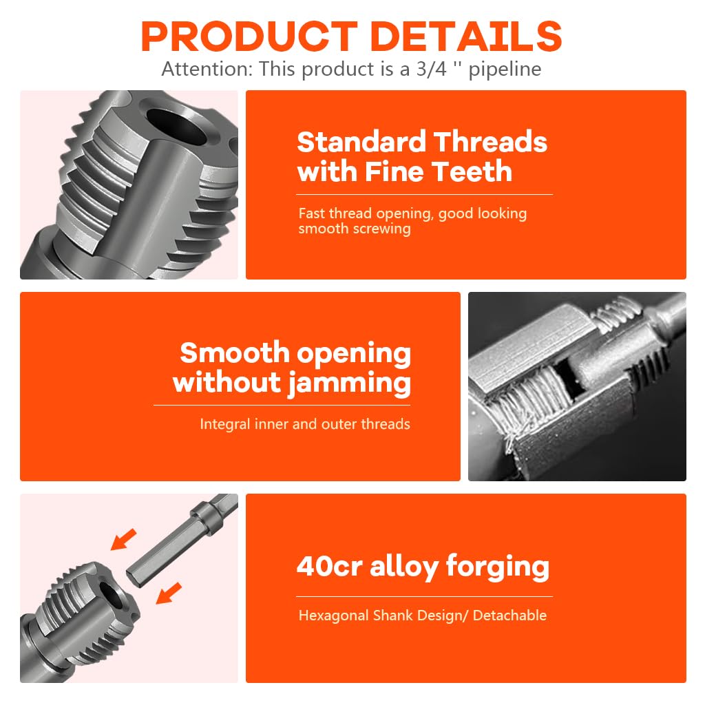 Serplex Pipe Threading Die Head for Electric Drill Use with Hex Shank and 3/4 in NPT Threads | Chrome Vanadium Alloy Steel
