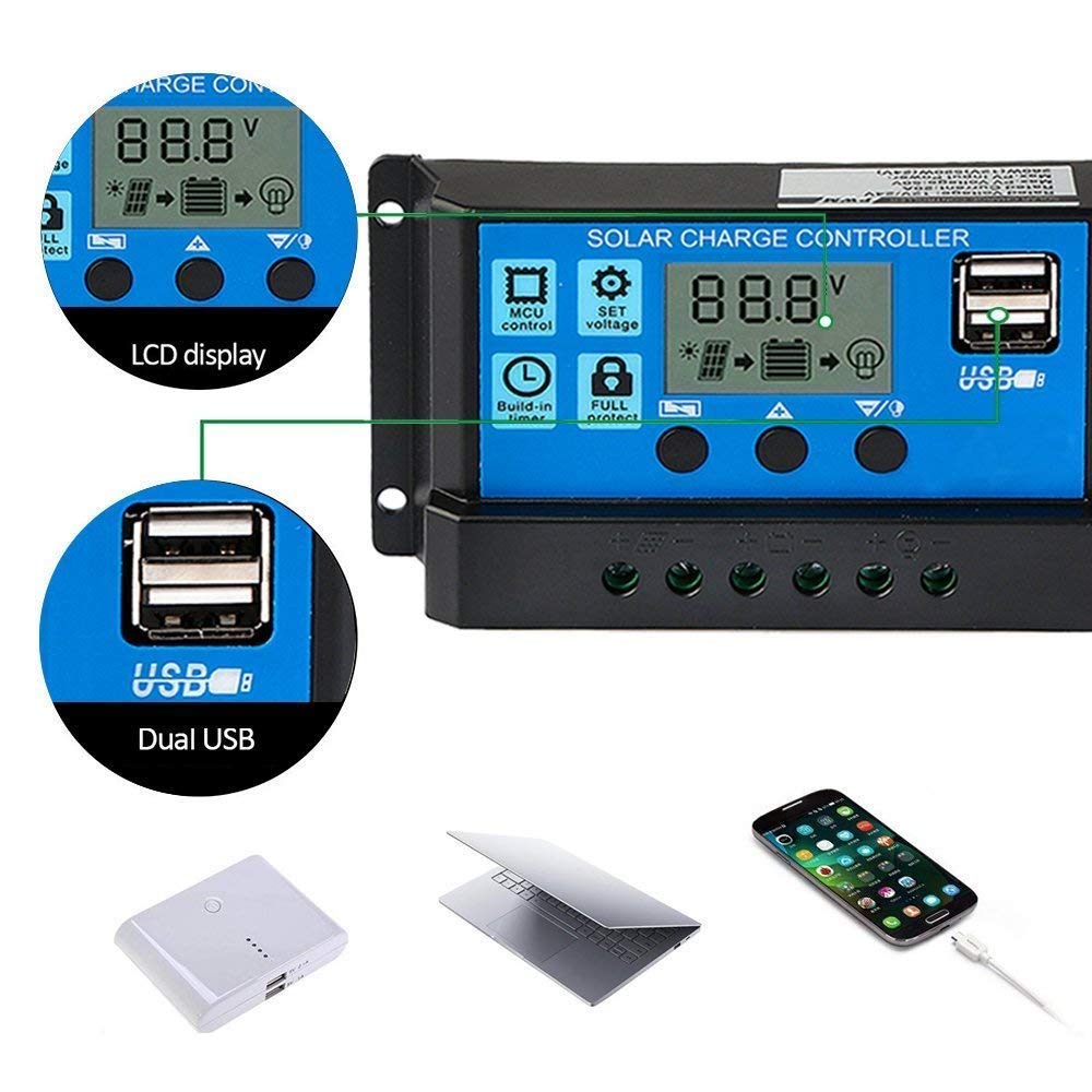 Verilux 20A 12V/24V Solar Charge Controller Solar Panel Controller Intelligent Regulator with Dual USB Port 5V Light Timer Control LCD Display