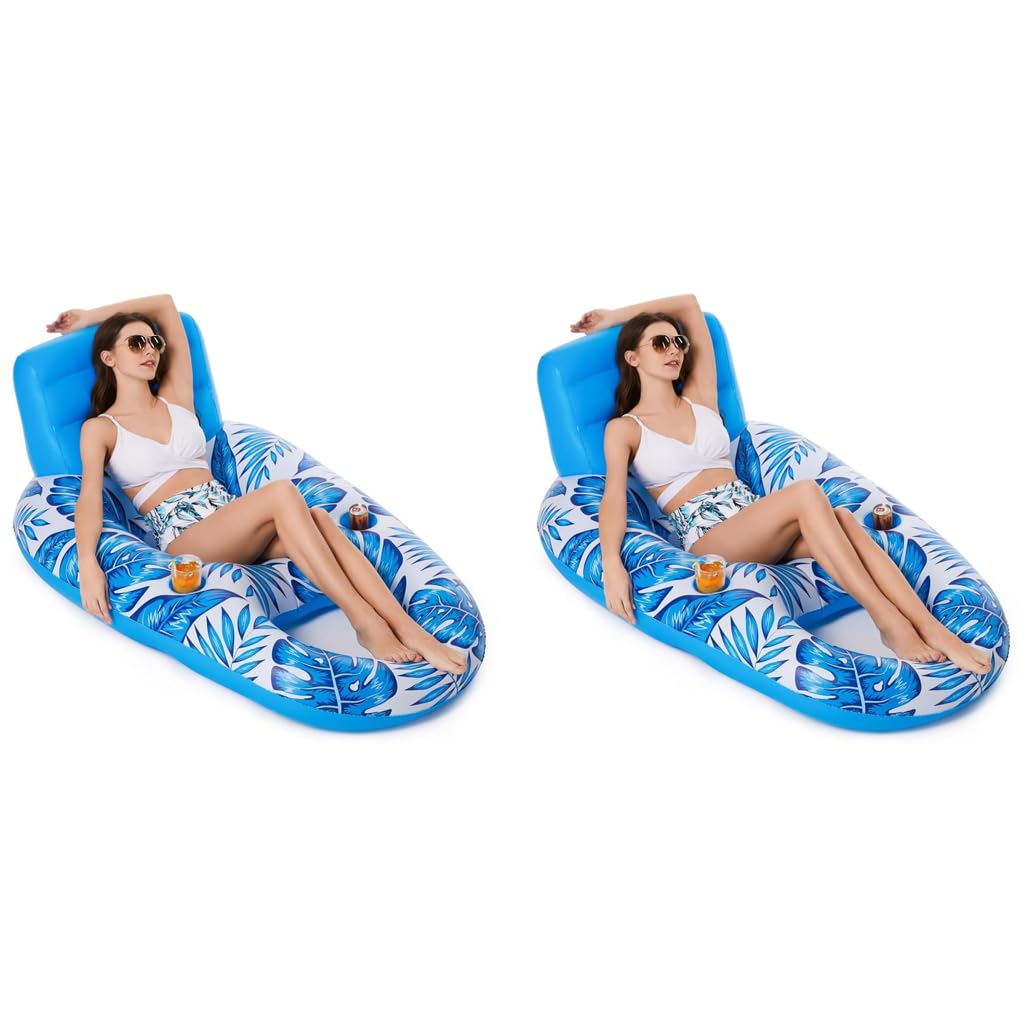 Proberos Inflatable Pool Lounger for Adults with Headrest and Cup Holder featuring PVC Frame 14x92x64cm | Foldable Pool Hammock Float