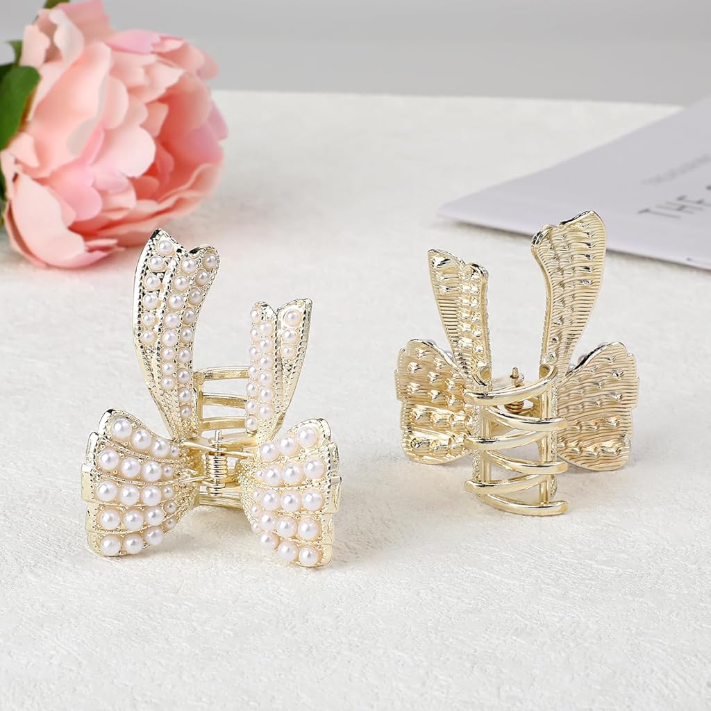ZIBUYU Small Pearl Bow Hair Clips for Wedding with Golden Alloy Teeth | Non Slip Design