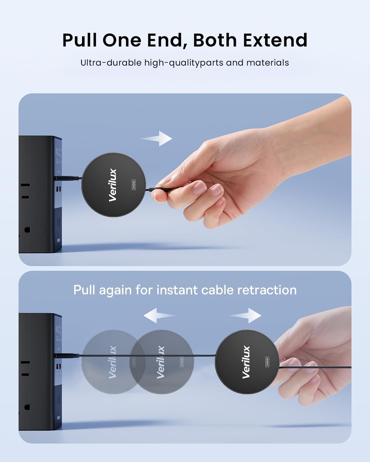 Verilux® Retractable USB C to USB C Cable for iPhone 15 Retractable Type C Charging Cable Data Cable PD 240W Fast Charging Type C Cable Charging Cable for Samsung Galaxy Z Flip5, Tablets