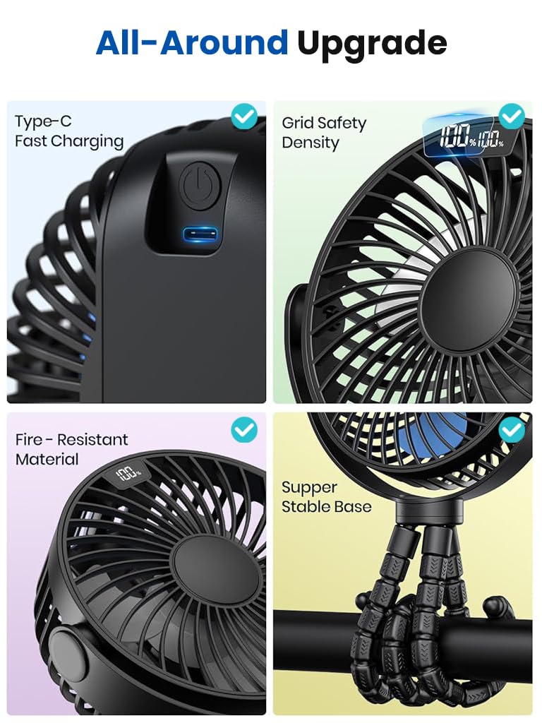 Verilux USB Stroller Fan with 5000mAh Battery and Flexible 3 Claws for Crib or Desk | Quiet Cordless Cooling