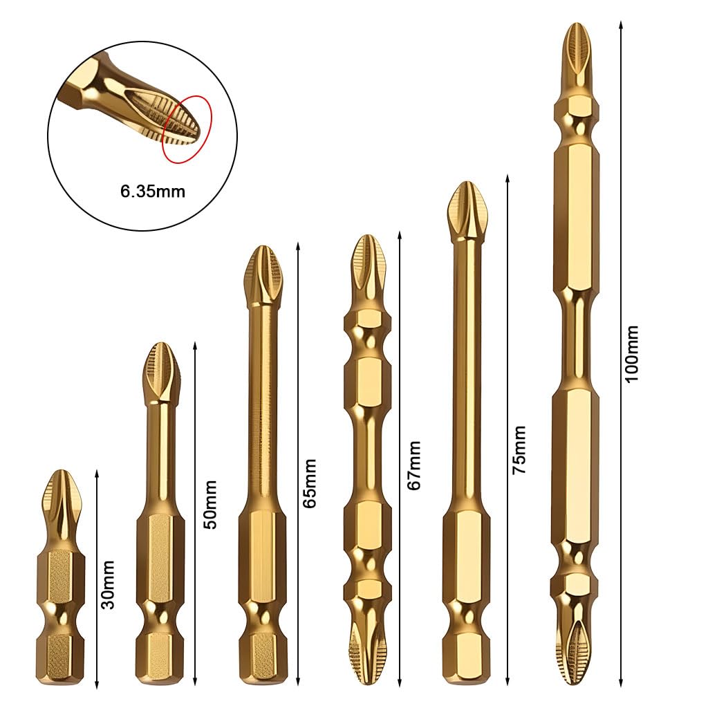 Serplex Screwdriver Bits Set for Electric Drills with Dual-Tip Ribbed Design & Alloy Steel | 6 Pcs 30–100mm