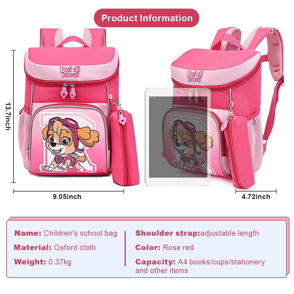 PALAY® School Backpack Paw Patrol Schoolgirls Backpack with Pencil Pouch Travel Backpack Pink Sky Cartoon Print Book Bag Gift for Girls School Gift for Kids 5-8 Years Old