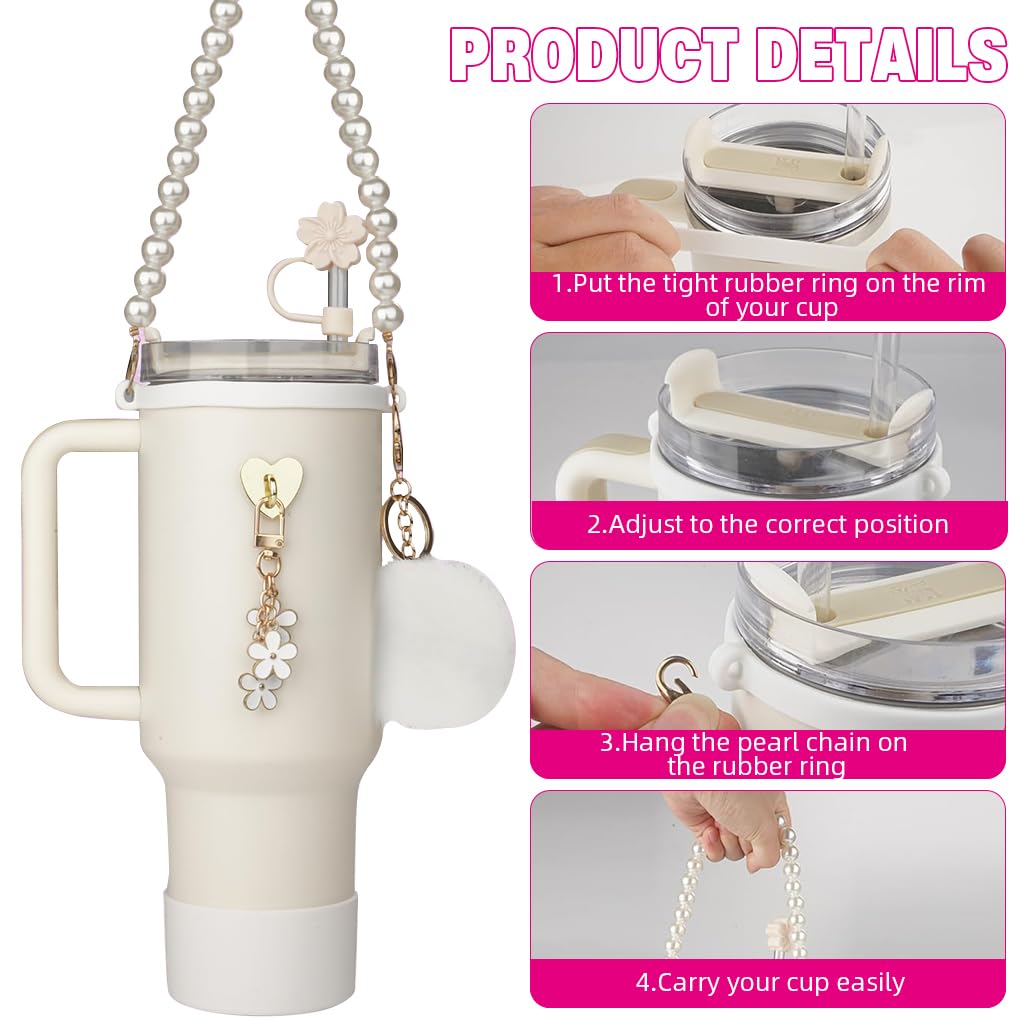HASTHIP Stanley Cup Accessories Charm Kit Set 14PCS with Sakura Straw Cap and Pearl Chain