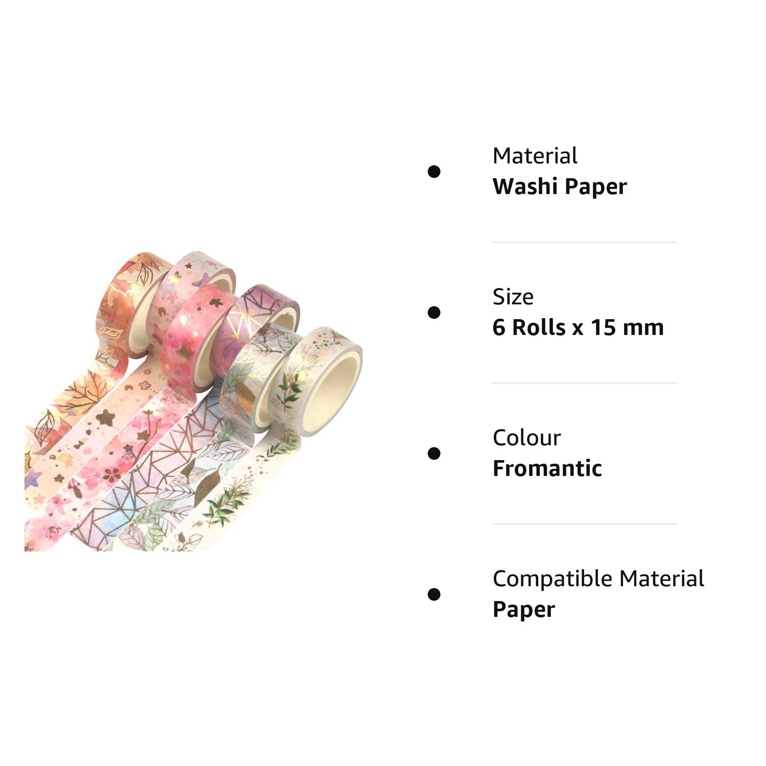 ELEPHANTBOAT Washi Tape Set for DIY Crafts and Planners featuring 6 Rolls 15mm x 5m | Gold Decorative Paper