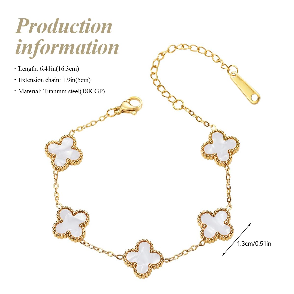 Brand Four Leaf Clover Bracelet for Women with 6.41+1.9 in Adjustable Chain | 18K Gold Plated Stainless Steel Lucky Charm Jewelry