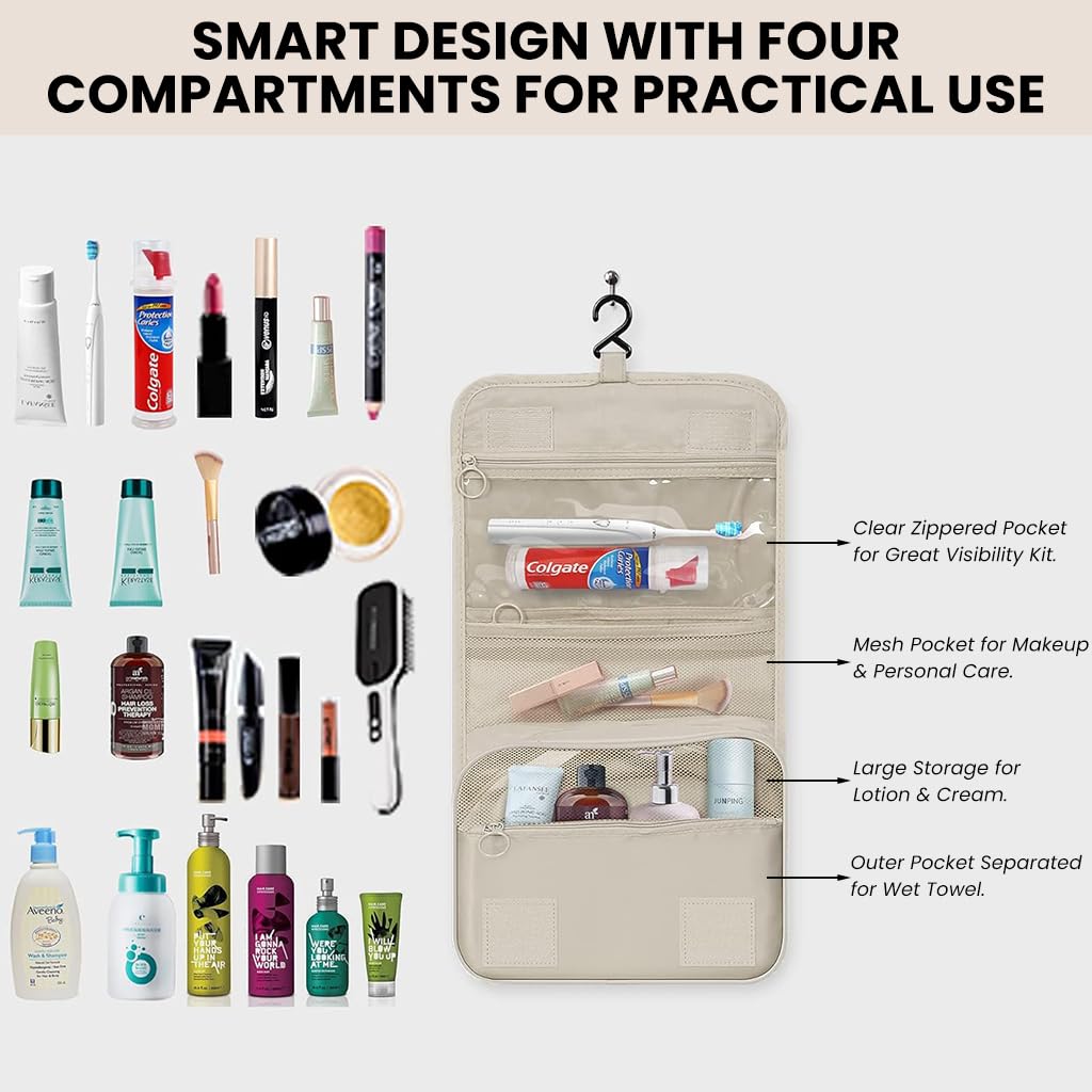 ZIBUYU Travel Toiletry Bag for Trips with 4 Compartments and Hanging Hook | Beige 11 x 7.75 x 3.35 in