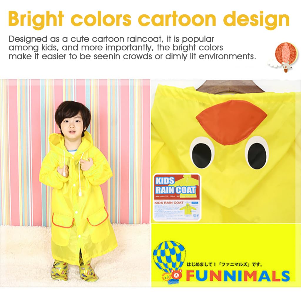 PALAY Raincoat for Kids Boys Girls with Hood, Polyester Rain Ponchos with Pockets and School Bag Coverage, Bright Color Raincoat for 3-7 Years Old Kids (Yellow)