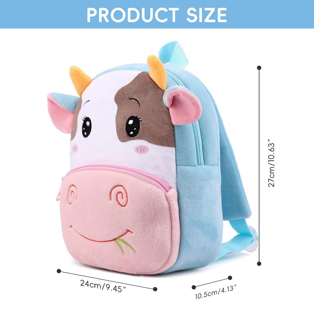 Climberty Toddler Backpack for Kids with Dual Zipper Compartments 24x7x27cm | Soft Plush Cattle Design