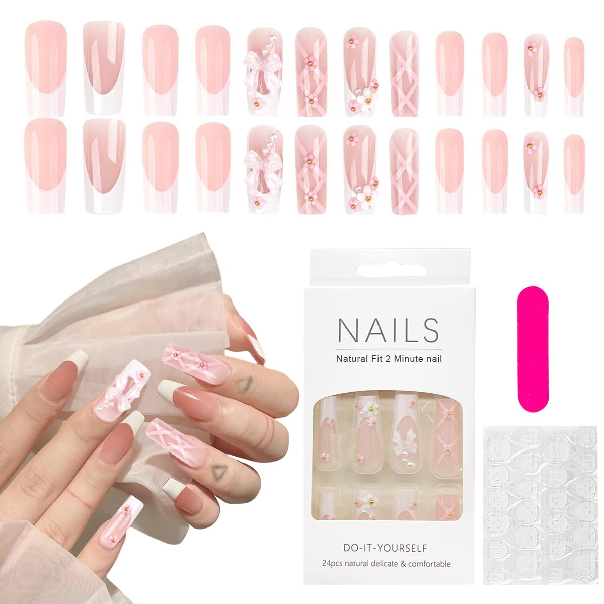 MAYCREATE® 24Pcs Press on Nails Medium Long Fake Nails Pink Acrylic French Nails with Designs Glossy 3D Flower Pearl Full Cover False Nail Tips Artificial Nails for Woman Nail Art