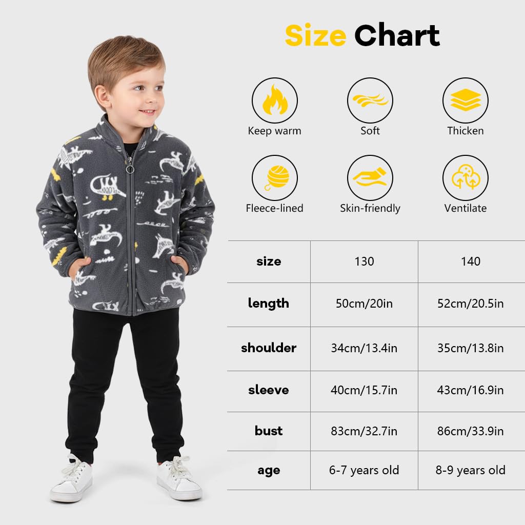SANNIDHI Kids Polar Fleece Jacket for Winter with Dinosaur Print and Zip Up | Black 130CM