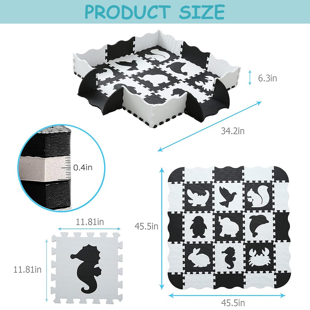 SNOWIE SOFT Baby Play Puzzle Mats for Toddlers with 25 Foam Pieces and Animal Shapes | EVA Black and White Sensory Floor Set 44.8 inches