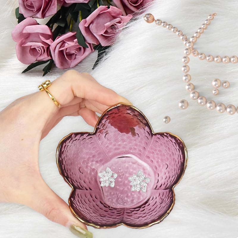 Supvox Jewelry Tray for Rings and Snacks featuring 3.5 in Petal Shape Hammered Pink Glass Bowl | Gold-Rimmed Home Decor