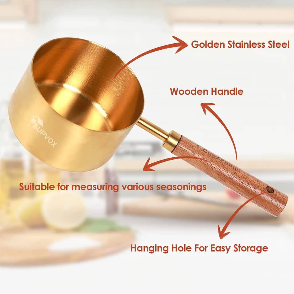 Supvox Measuring Cups and Spoons Set of 8 for Baking with Natural Wood Handles | Stainless Steel