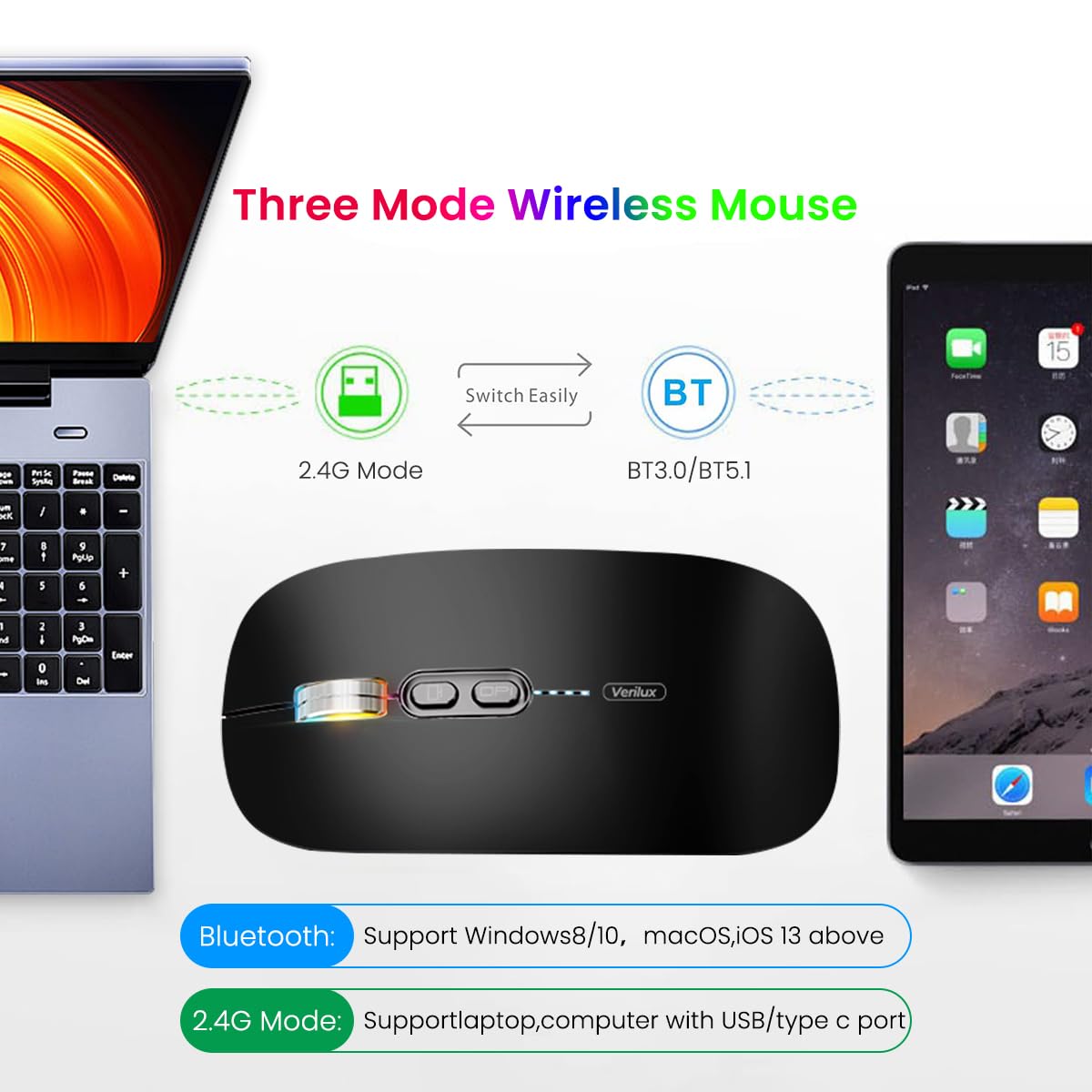 Verilux Wireless Mouse with Dual Mode Bluetooth 5.0 and 2.4G 1600DPI | Ergonomic Silent Design