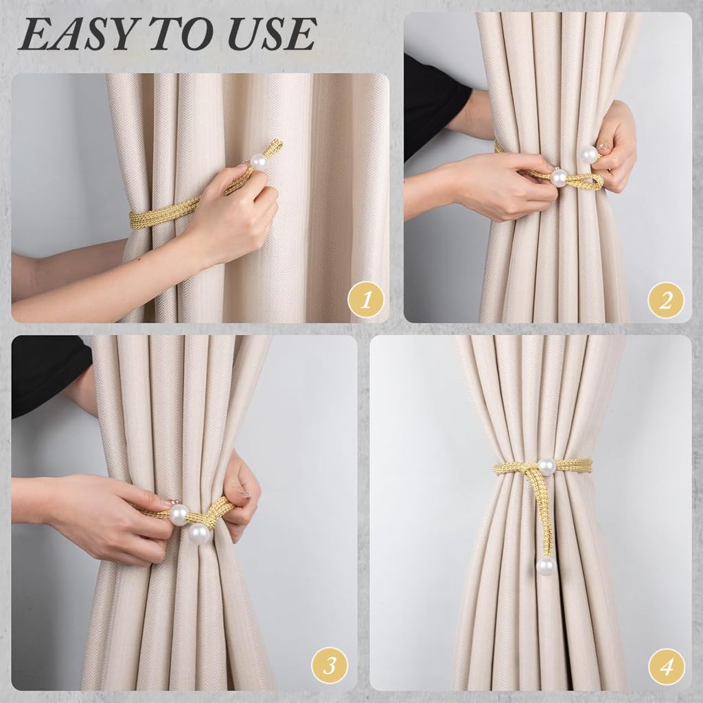 ZIBUYU Curtain Tiebacks for Drapes featuring White Sliding Beads | 6 Pcs 16.9 in Golden Set