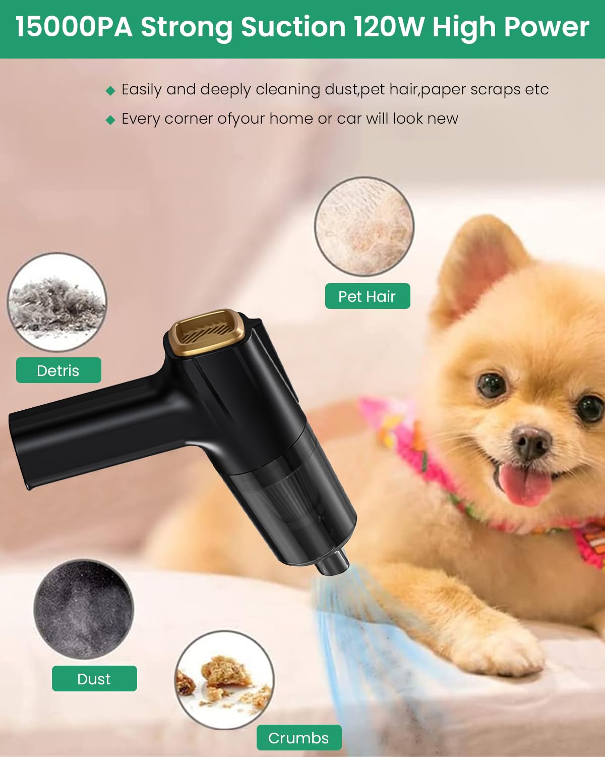 Verilux Compressed Air Duster for Computer and Car Cleaning with 16000Pa 120W Power | Cordless Handheld Vacuum Featuring Multi Nozzles