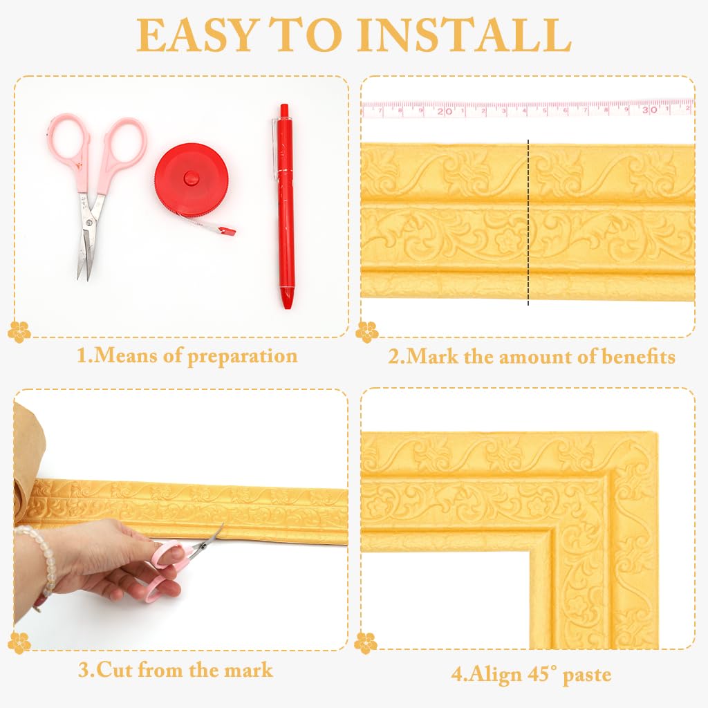 HASTHIP Peel Stick 3D Foam Molding Trim for Walls 2.3m x 7.8cm | Self Adhesive Gold 2 Pcs