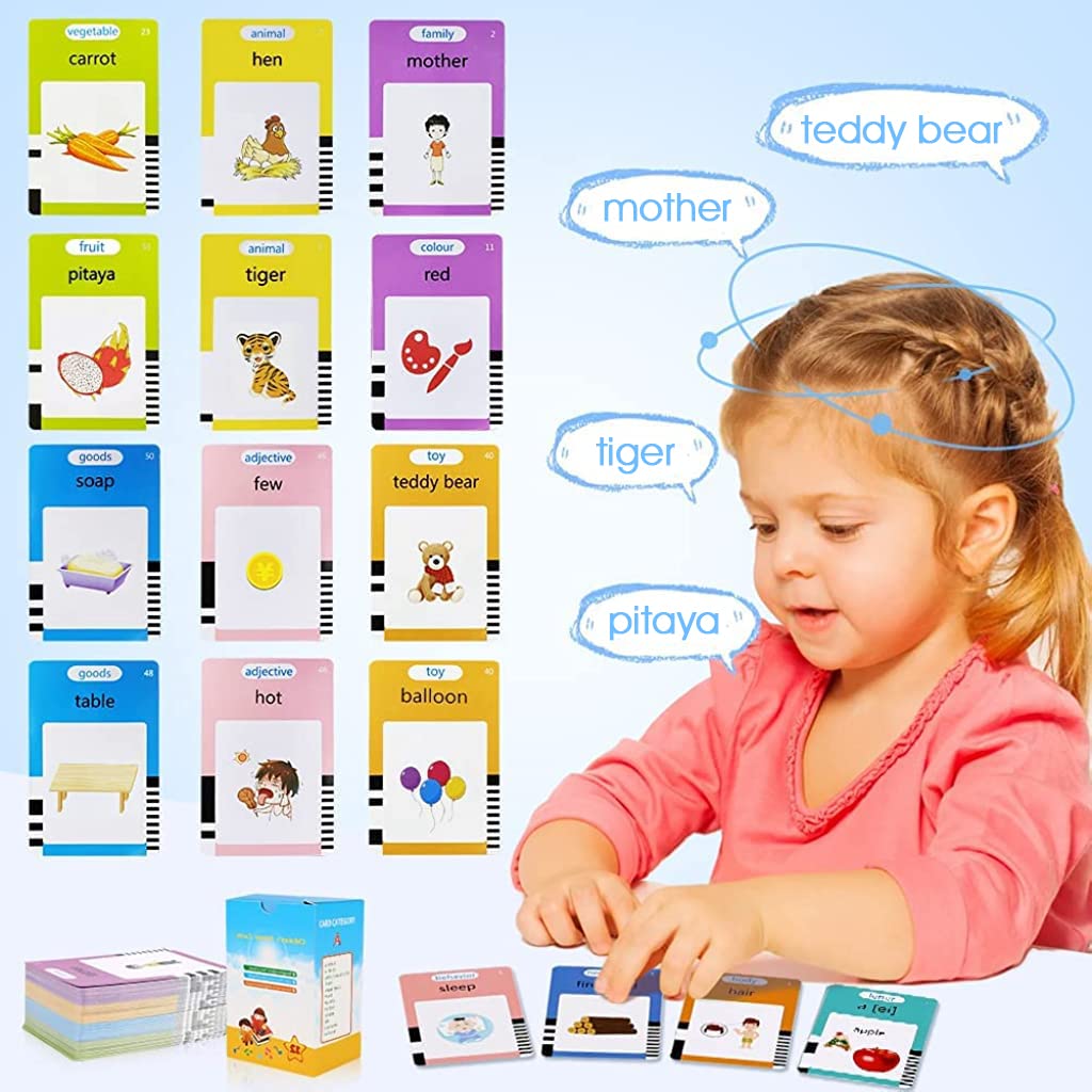 PATPAT Talking Flash Cards Learning Toys, English Words Learning Machine for Kids, Little Bear Reading Machine with 60 Flash Cards Spelling Game Gifts for Preschool Kids Boys Girls Toddlers Age 3-8