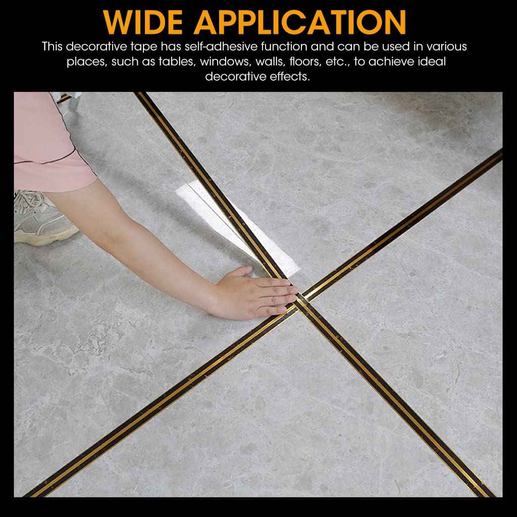 HASTHIP 5M Black Golden Floor Tiles Stickers, Waterproof Tile Gap Tape, PVC Self Adhesive Tape Ceramic Tile Gap Tape for Detailing Walls, Floor Tile Gap, Cabinetry (2.5CM Width *5M Long)